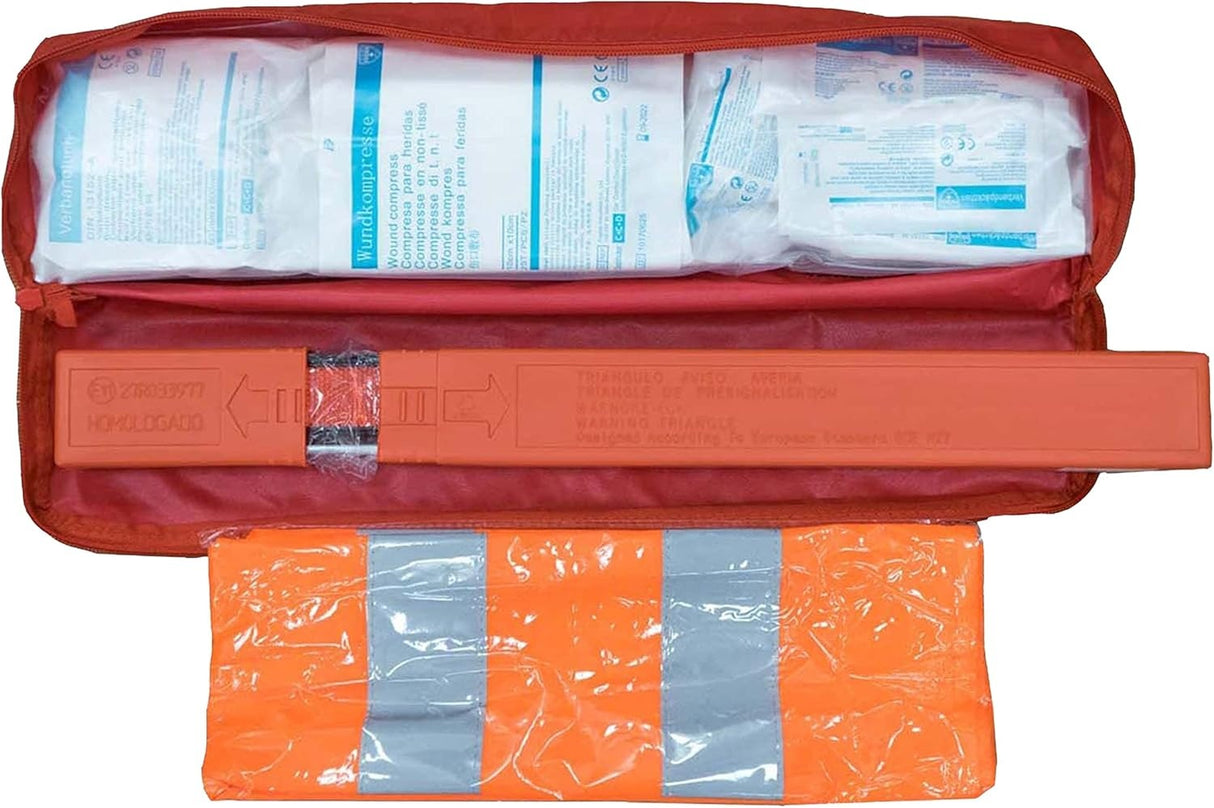 Petex Kombitasche mit Klettverschluss bestehend aus EURO-Warndreieck, Verbandsmaterial und Warnweste, rot