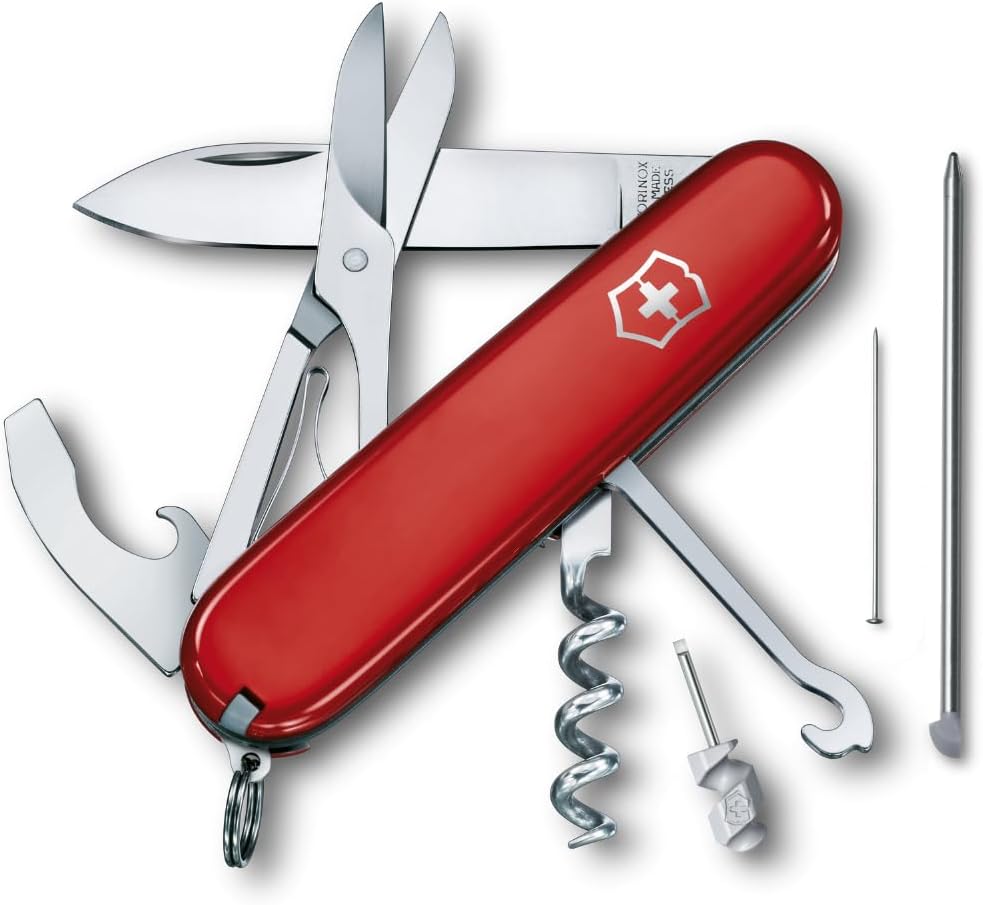 Victorinox Compact Swiss Army Knife, 15 Functions, Swiss Made Pocket Knife with Large Blade, Screwdriver, Corkscrew and Multipurpose Hook - Red
