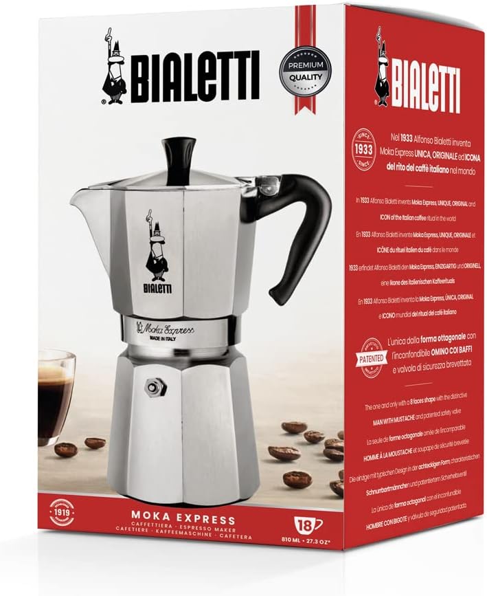 Bialetti Moka Express 18 cups: Iconic Stovetop Espresso Maker, Makes Real Italian Coffee, Moka Pot 18 Cups (27 Oz - 810 Ml), Aluminium, Silver