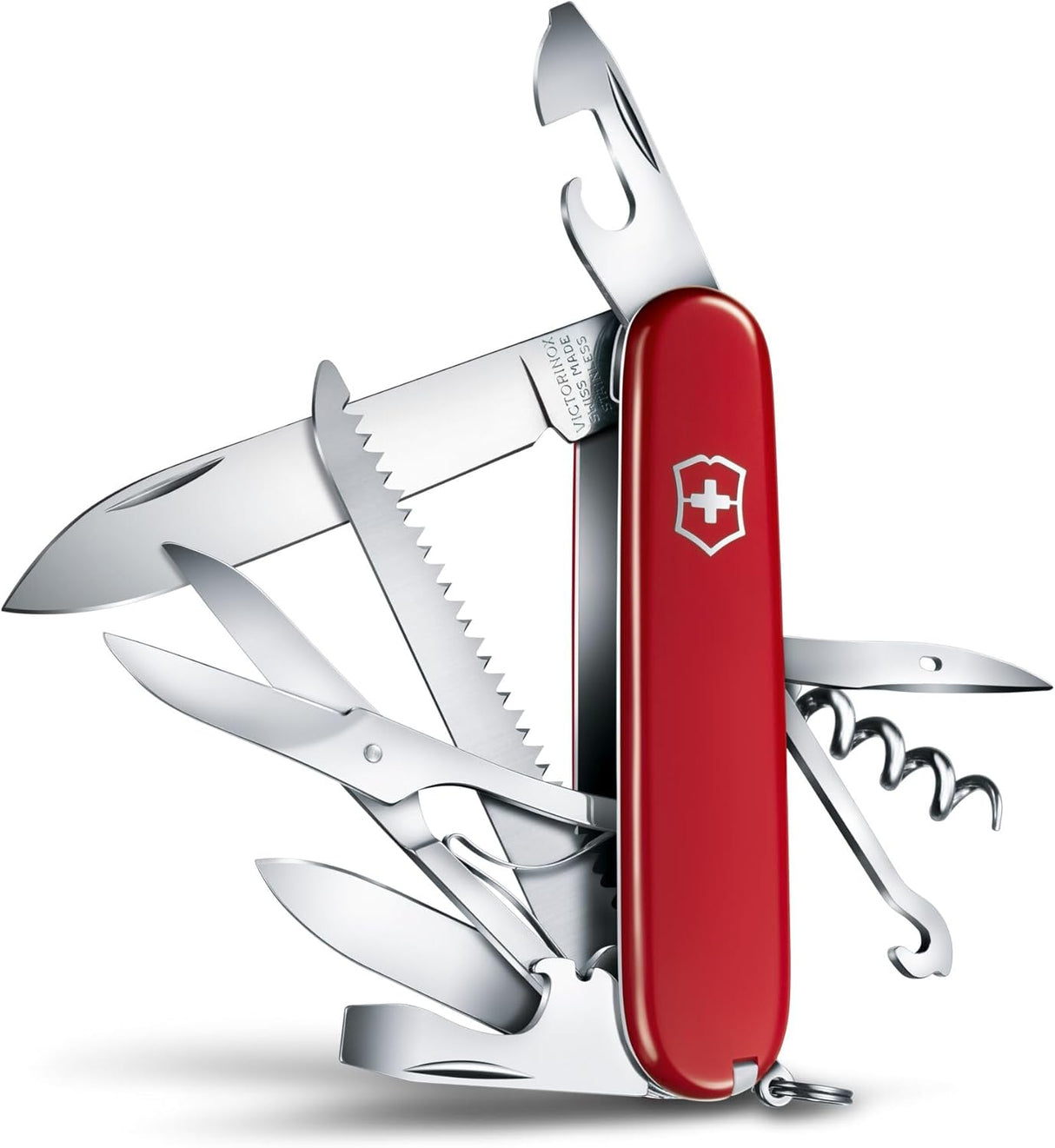 Victorinox Huntsman Swiss Army Knife, 15 Functions, Swiss Made Pocket Knife with Large Blade, Screwdriver, Scissors and Wood Saw - Red