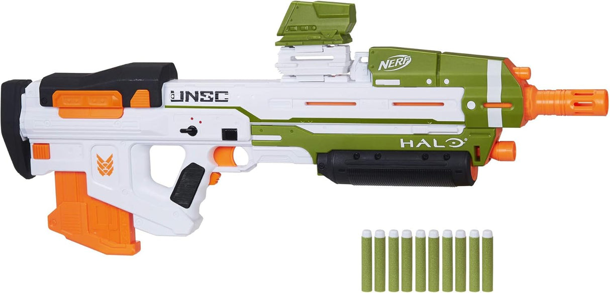 Nerf Halo MA40 motorized dart blaster - includes detachable 10 dart clip magazine, 10 Nerf elite darts and clip rail part.