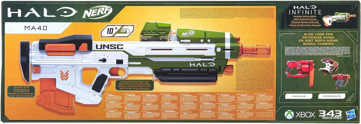 Nerf Halo MA40 motorized dart blaster - includes detachable 10 dart clip magazine, 10 Nerf elite darts and clip rail part.