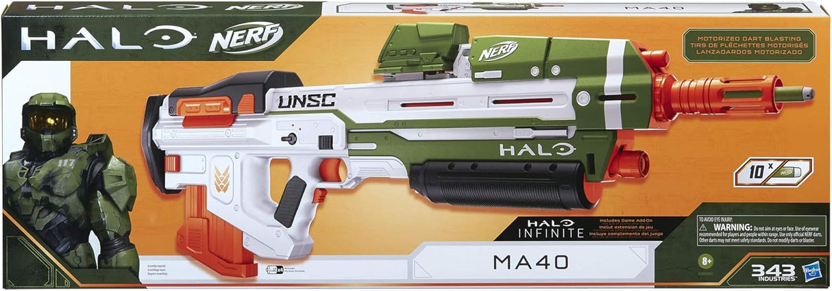 Nerf Halo MA40 motorized dart blaster - includes detachable 10 dart clip magazine, 10 Nerf elite darts and clip rail part.