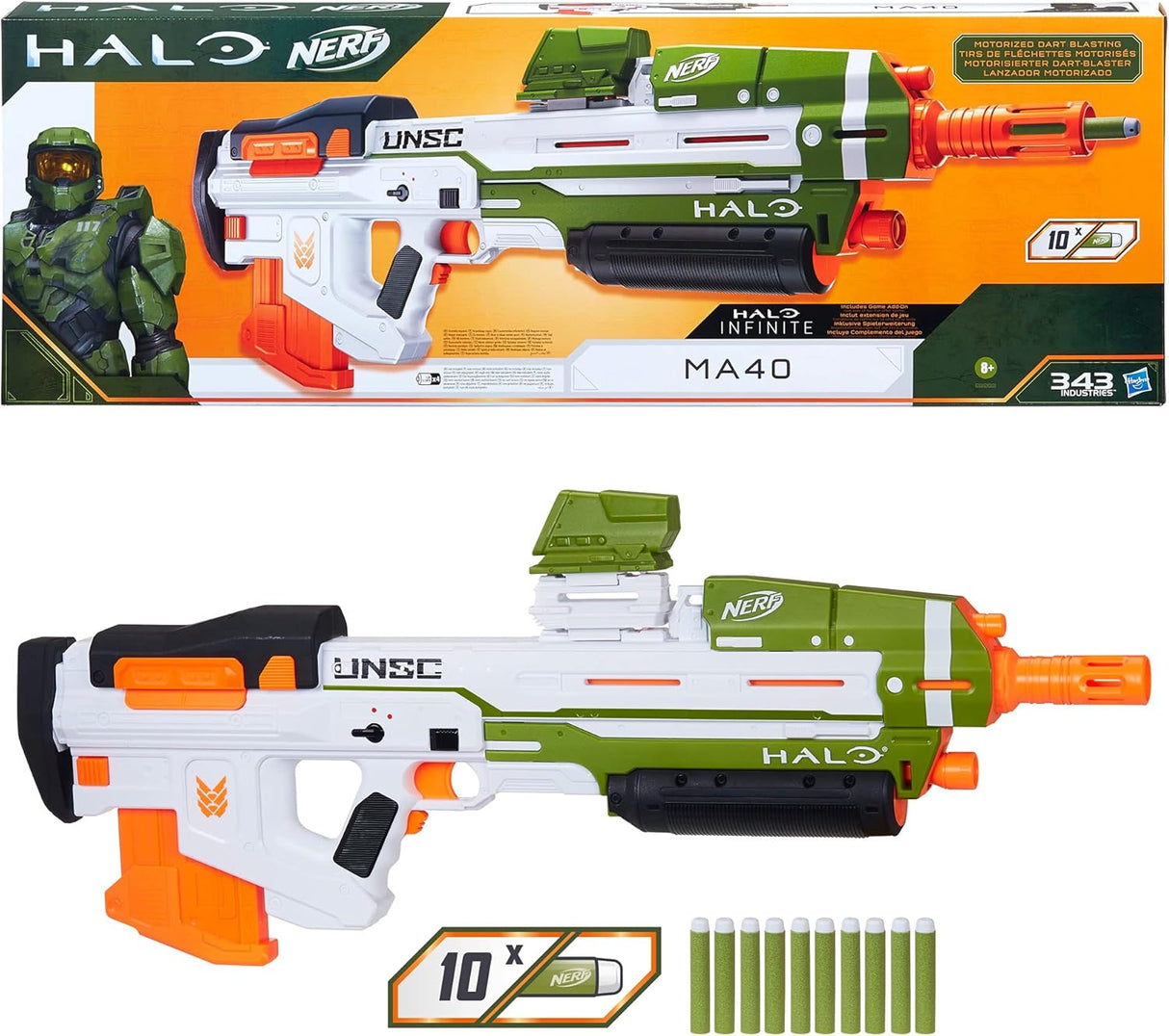 Nerf Halo MA40 motorized dart blaster - includes detachable 10 dart clip magazine, 10 Nerf elite darts and clip rail part.