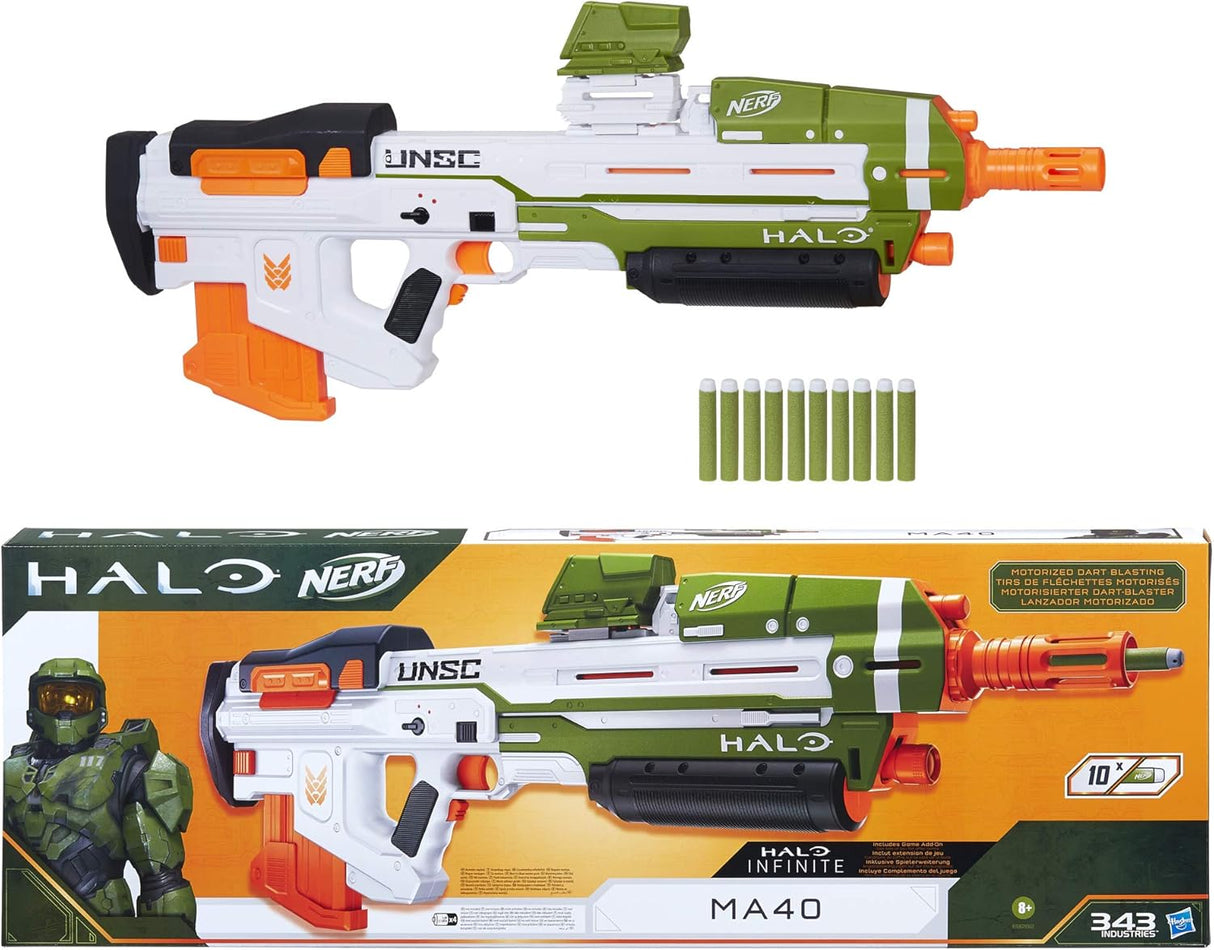 Nerf Halo MA40 motorized dart blaster - includes detachable 10 dart clip magazine, 10 Nerf elite darts and clip rail part.