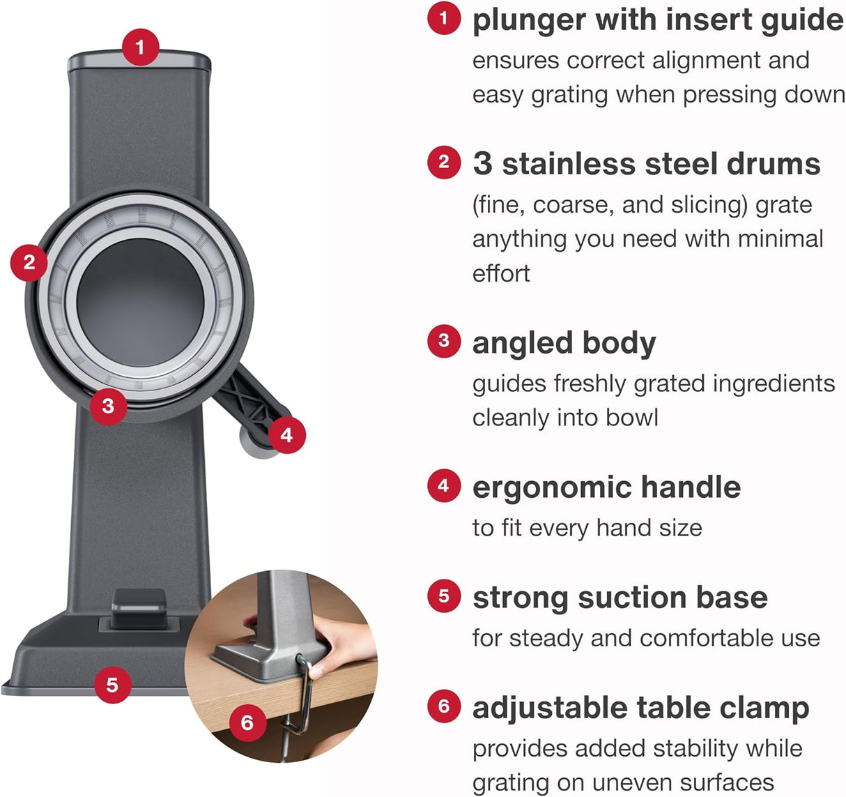 Zyliss Rotary Cheese Grater, Aluminium, 3 Steel Drum Blades, Cheese, Vegetable, Chocolate, Nut, Fruit Grater with Handle, Non-Slip Suction Foot and Table Clamp, 5 Year Guarantee