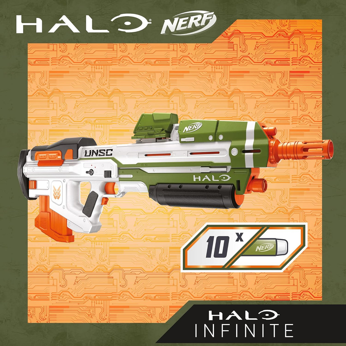 Nerf Halo MA40 motorized dart blaster - includes detachable 10 dart clip magazine, 10 Nerf elite darts and clip rail part.