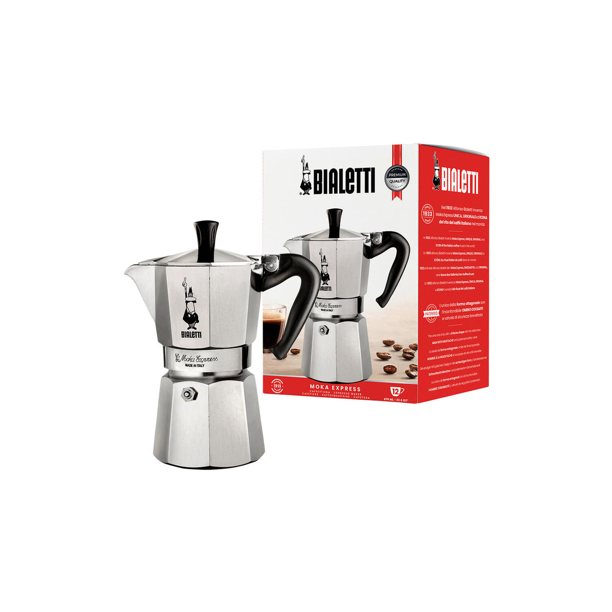 Bialetti - Moka Express: Iconic Stovetop Espresso Maker, Makes Real Italian Coffee, Moka Pot 12 Cups (22.6 Oz - 670 Ml), Aluminum, Silver
