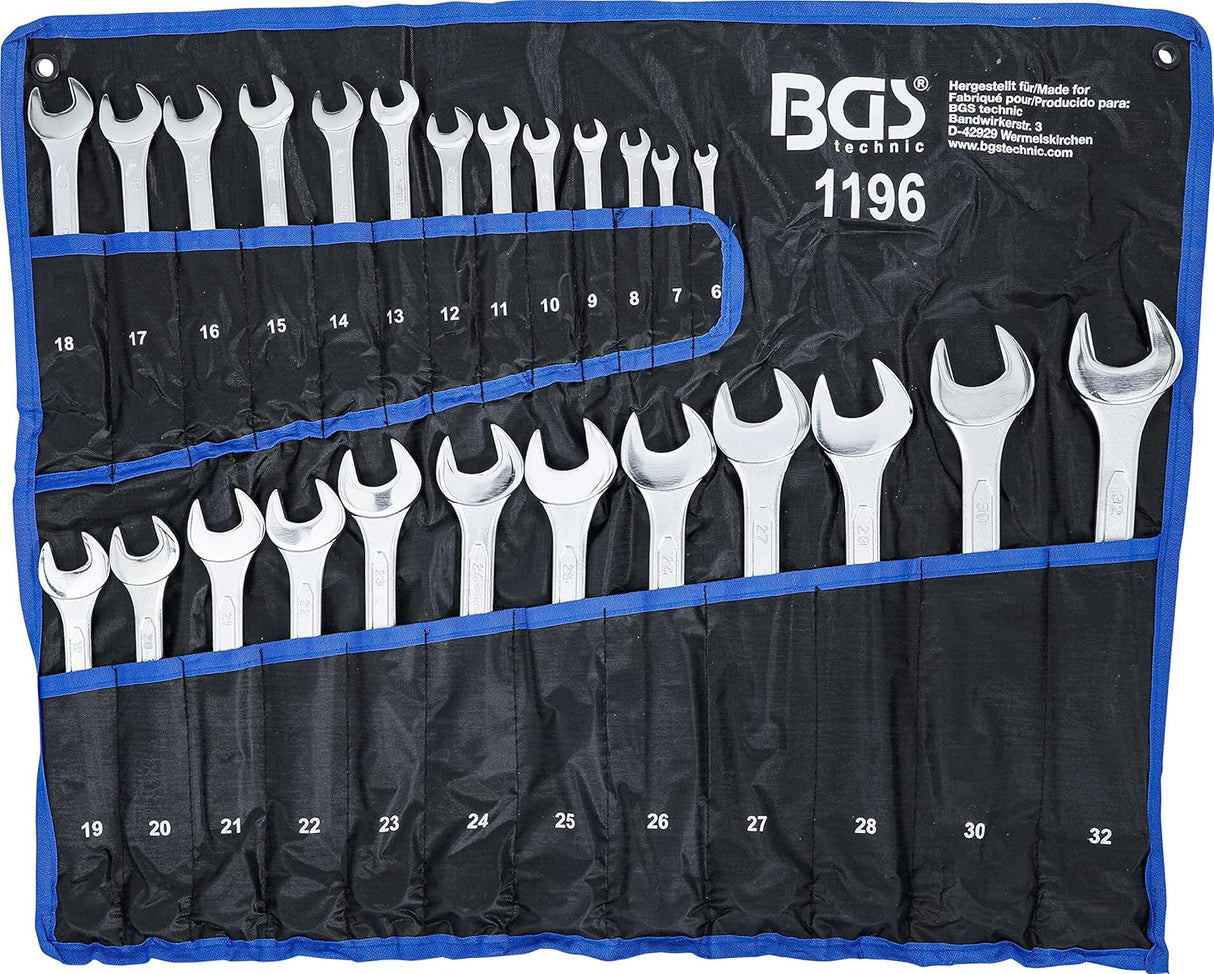 BGS Technic 1196 | Maul-Ringschlüssel-Satz | 25-tlg. | SW 6 - 32 mm | inkl. Tetron-Rolltasche | Gabelringschlüssel