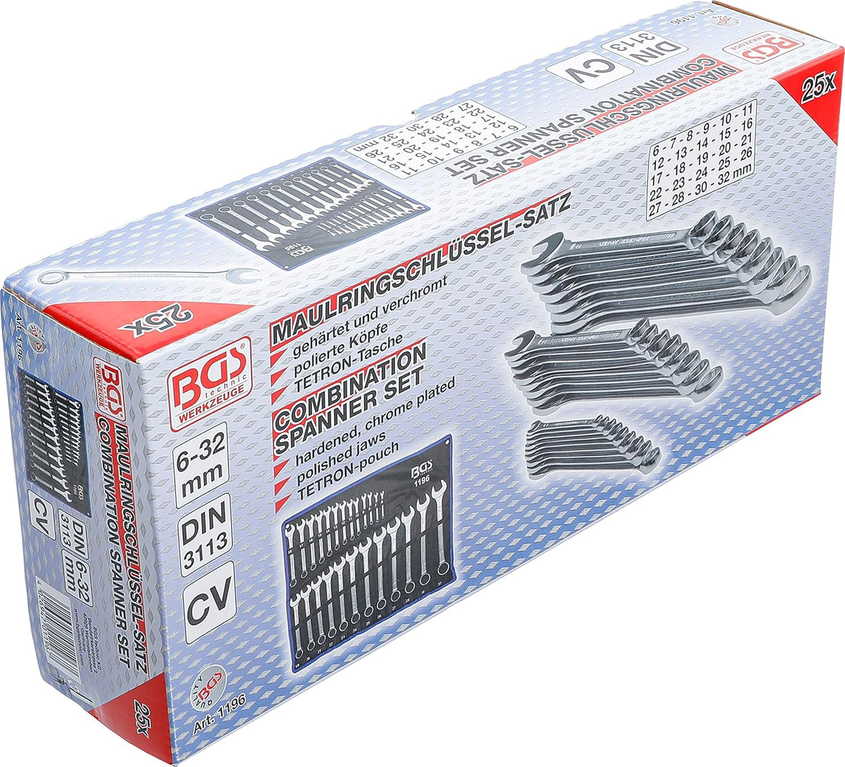 BGS Technic 1196 | Maul-Ringschlüssel-Satz | 25-tlg. | SW 6 - 32 mm | inkl. Tetron-Rolltasche | Gabelringschlüssel
