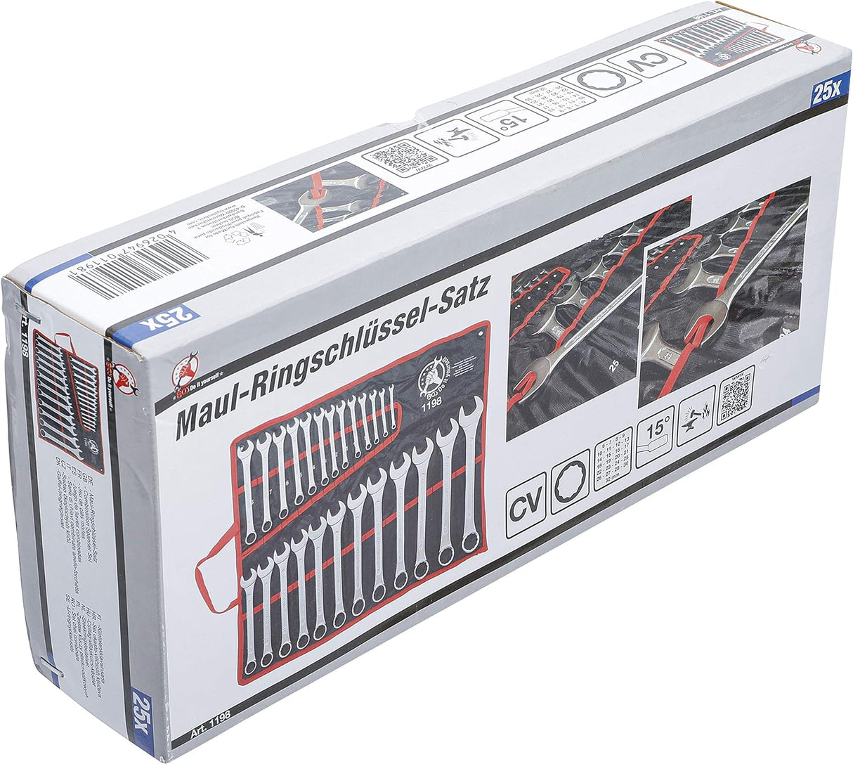 BGS Diy 1198 | Maul-Ringschlüssel-Satz | 25-tlg. | SW 6 - 32 mm | inkl. Tetron-Rolltasche | Gabelringschlüssel
