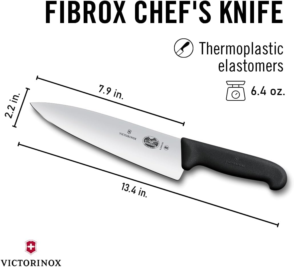 Victorinox Fibrox Pro Chef’s Knife, 8 Inch - Swiss Army Kitchen Knife, High Carbon Stainless Steel Blade, Non-Slip Fibrox Handle, Dishwasher Safe, Black