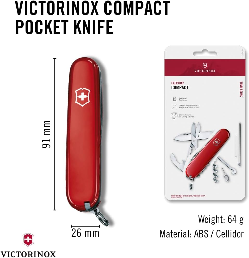 Victorinox Compact Swiss Army Knife, 15 Functions, Swiss Made Pocket Knife with Large Blade, Screwdriver, Corkscrew and Multipurpose Hook - Red