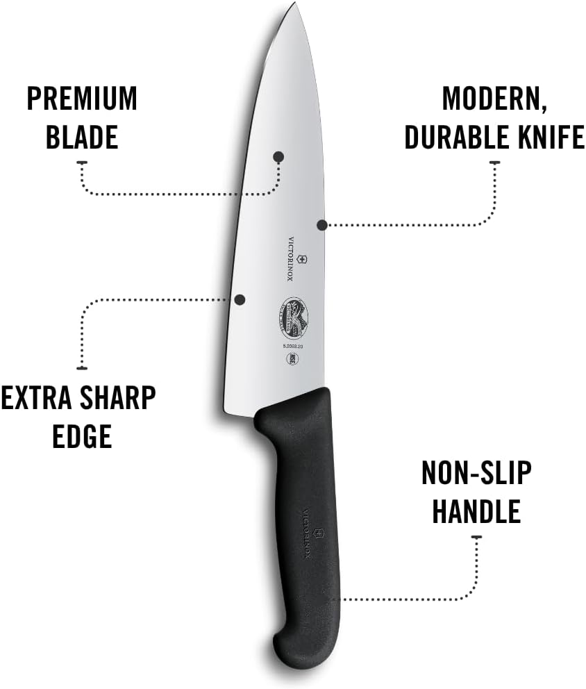 Victorinox Fibrox Pro Chef’s Knife, 8 Inch - Swiss Army Kitchen Knife, High Carbon Stainless Steel Blade, Non-Slip Fibrox Handle, Dishwasher Safe, Black