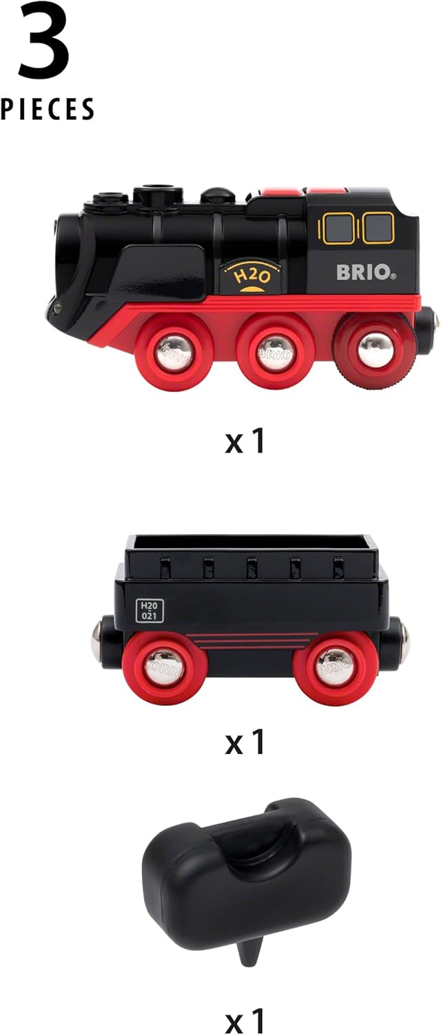 BRIO World Battery-Operated Steaming Train - 3-Piece Motorized Train Engine for Wooden Track with Lights and Kid-Friendly Steam - Interactive Play with Forward/Reverse - for Kids 3 & Up