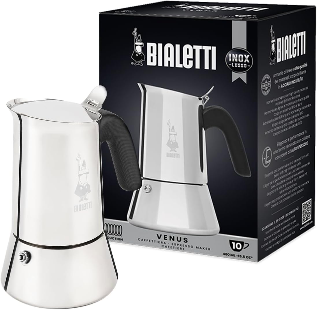 Bialetti - New Venus Induction, Stovetop Coffee Maker, Suitable for all Types of Hobs, Stainless Steel, 10 Cups (15.5 Oz), Silver