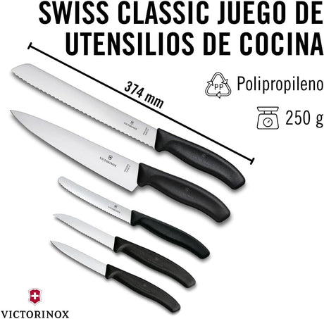 Victorinox Swiss Classic Kitchen Set - Includes Paring Knives, Carving Knife, Bread Knife & More - Premium Kitchen Accessories - Black Handles, 5-Piece Set