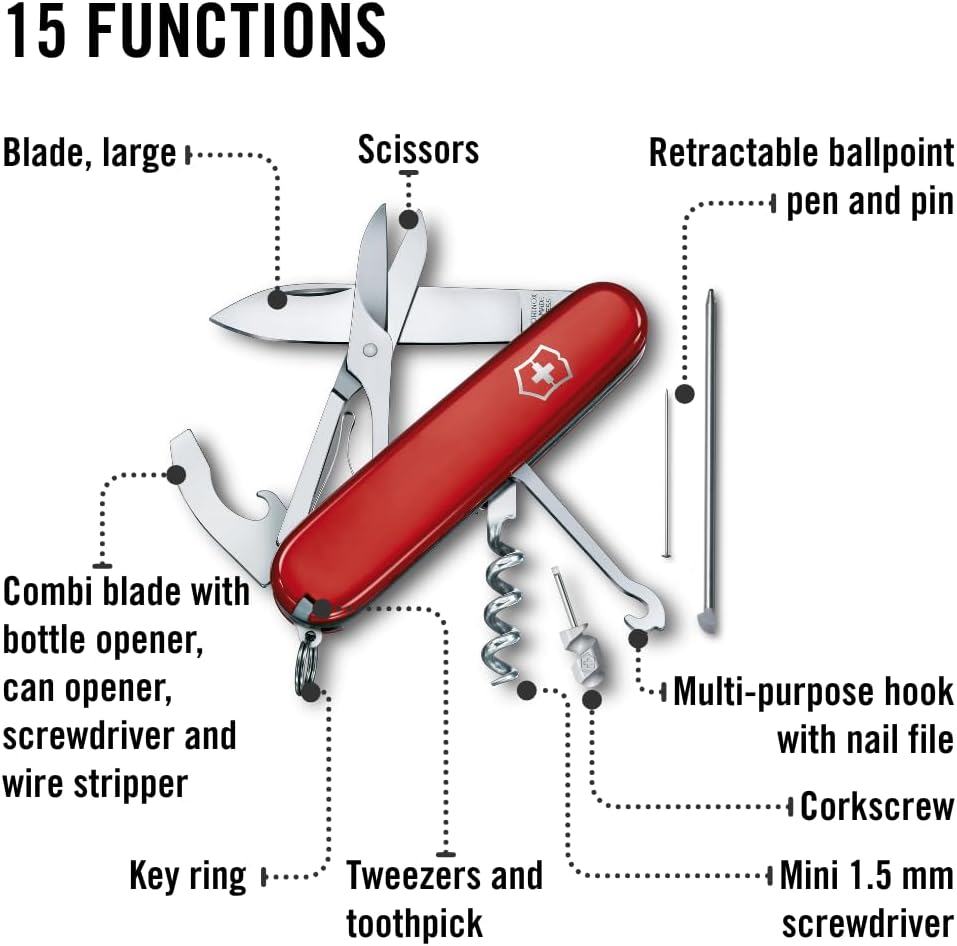 Victorinox Compact Swiss Army Knife, 15 Functions, Swiss Made Pocket Knife with Large Blade, Screwdriver, Corkscrew and Multipurpose Hook - Red