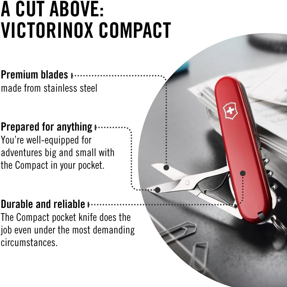 Victorinox Compact Swiss Army Knife, 15 Functions, Swiss Made Pocket Knife with Large Blade, Screwdriver, Corkscrew and Multipurpose Hook - Red