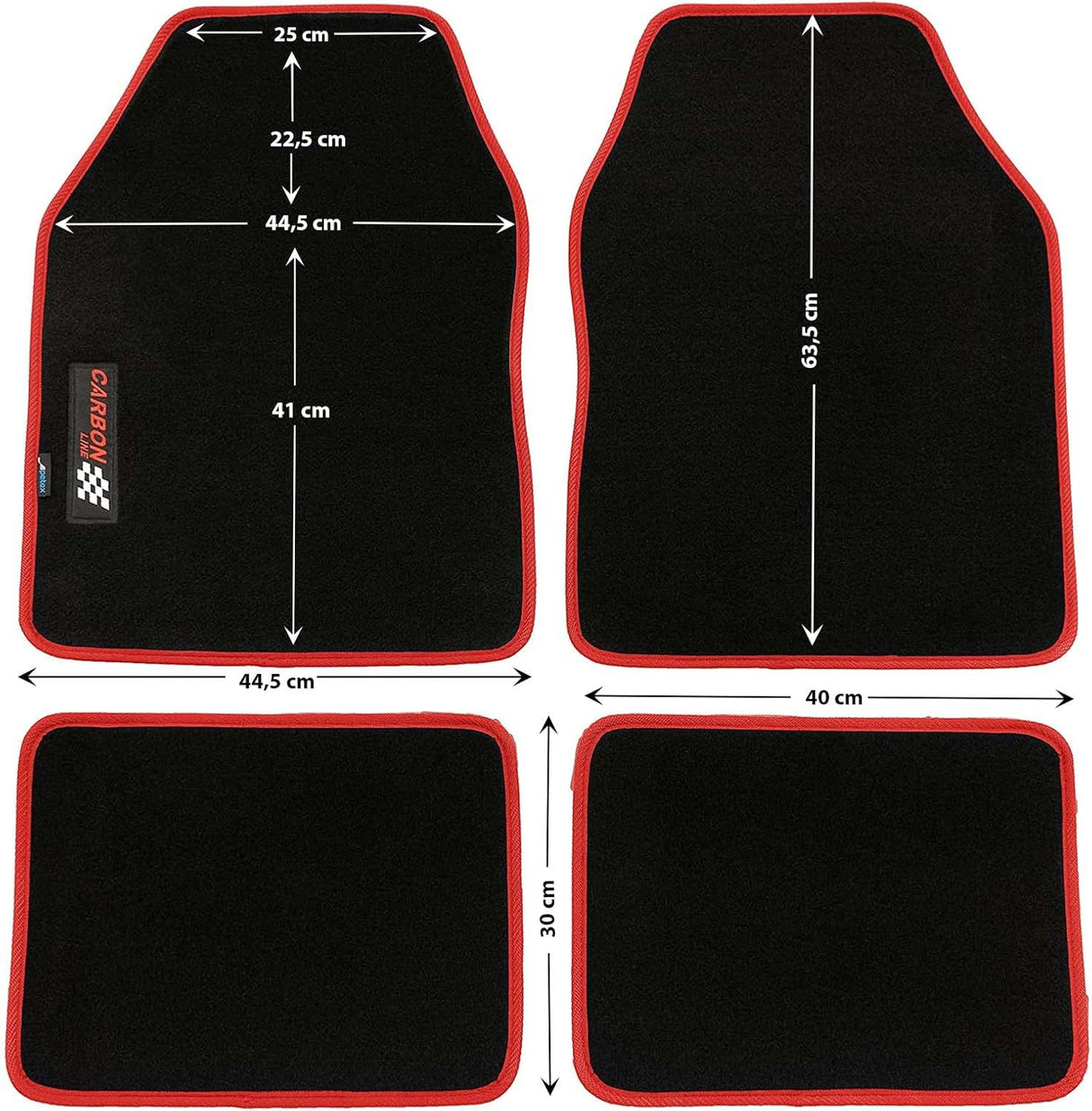 PETEX Carbon Universal Car Floor Mats, 4-Piece Set, Red – Non-Slip, Durable, Easy Fit for Cars, Vans