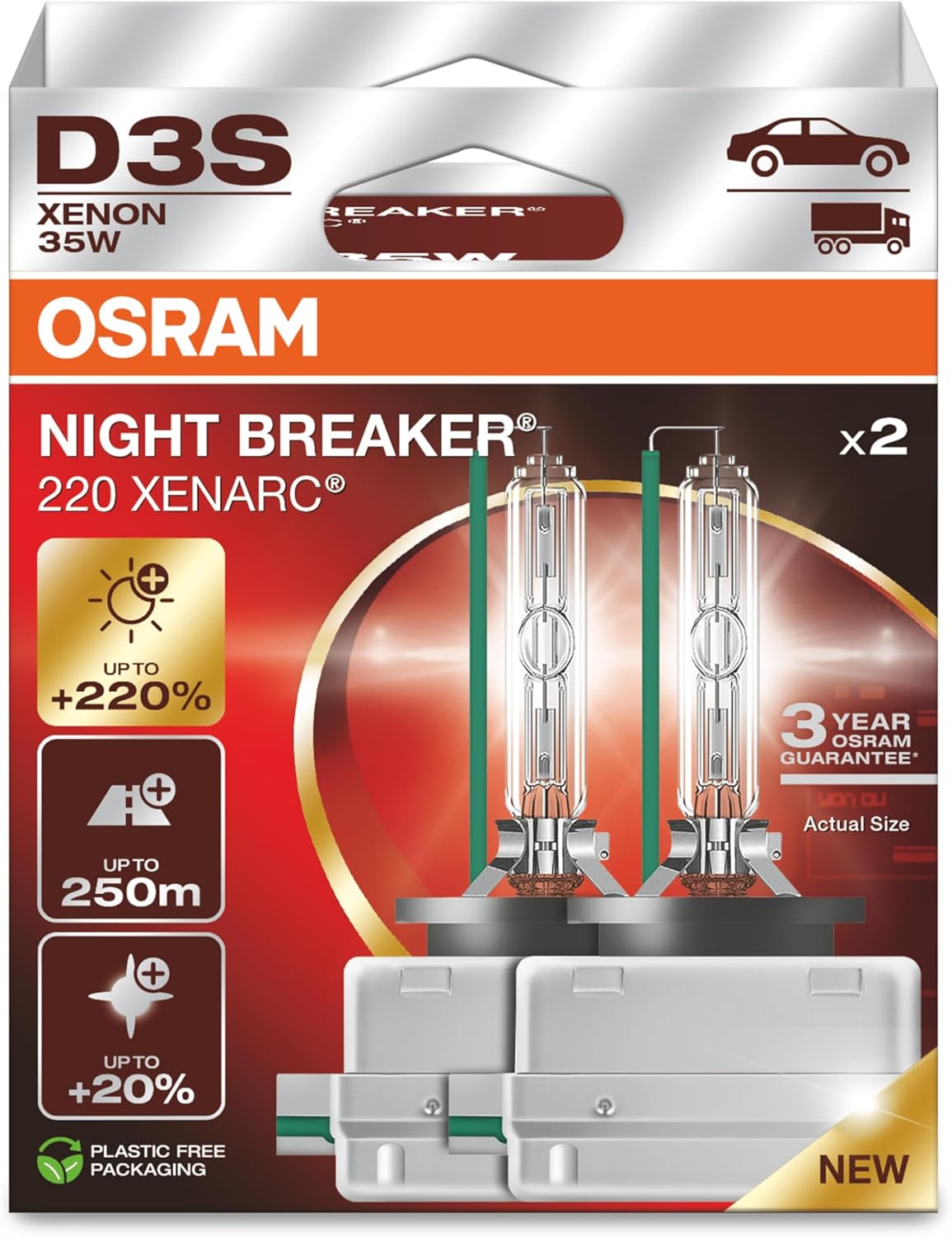 OSRAM Xenarc Night Breaker 220, D3S, +220% More Brightness, Xenon Headlight Bulb, 66340XN2-2HB, Folding Box (2 Lamps)