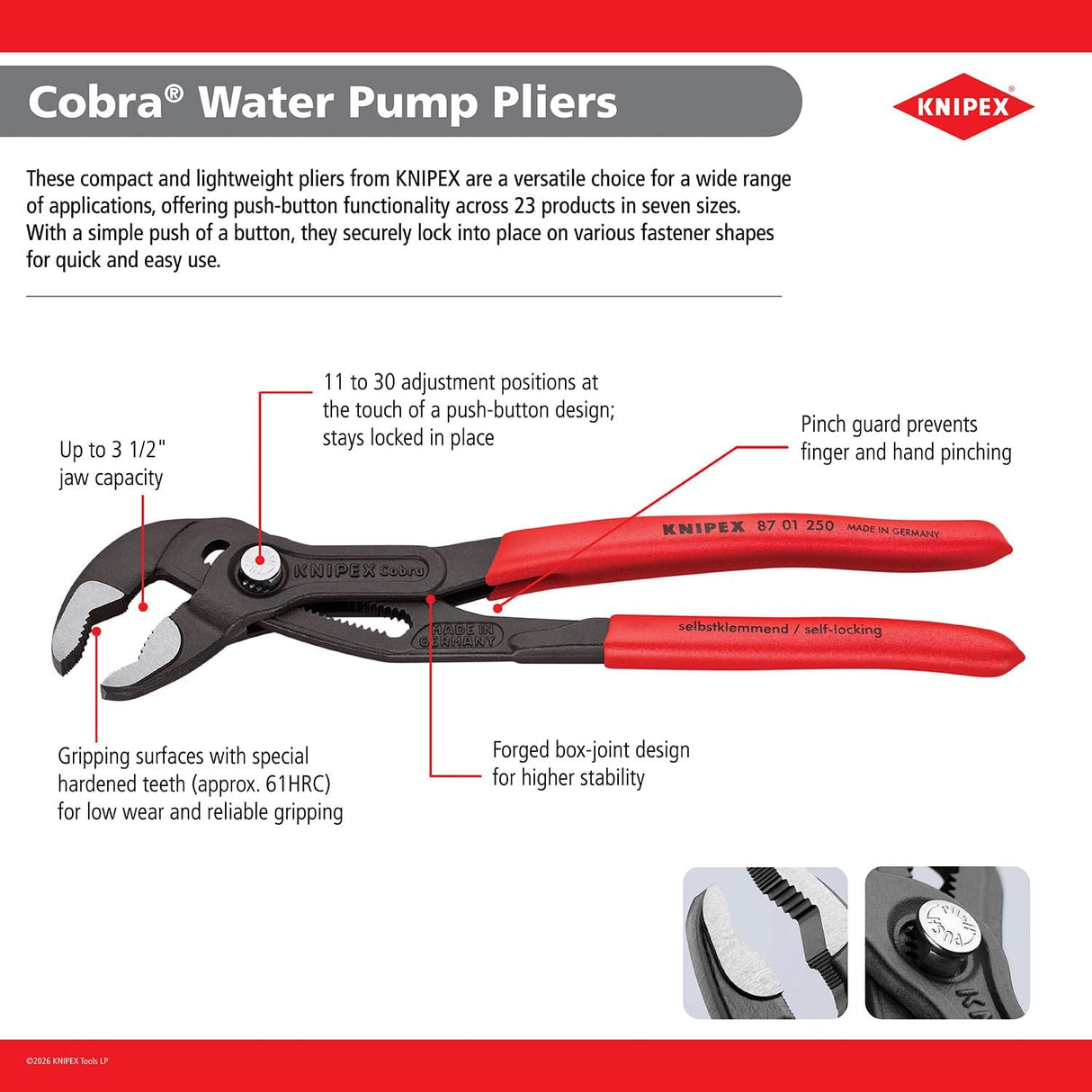 KNIPEX Tools Cobra Water Pump Pliers, 5 inch, red