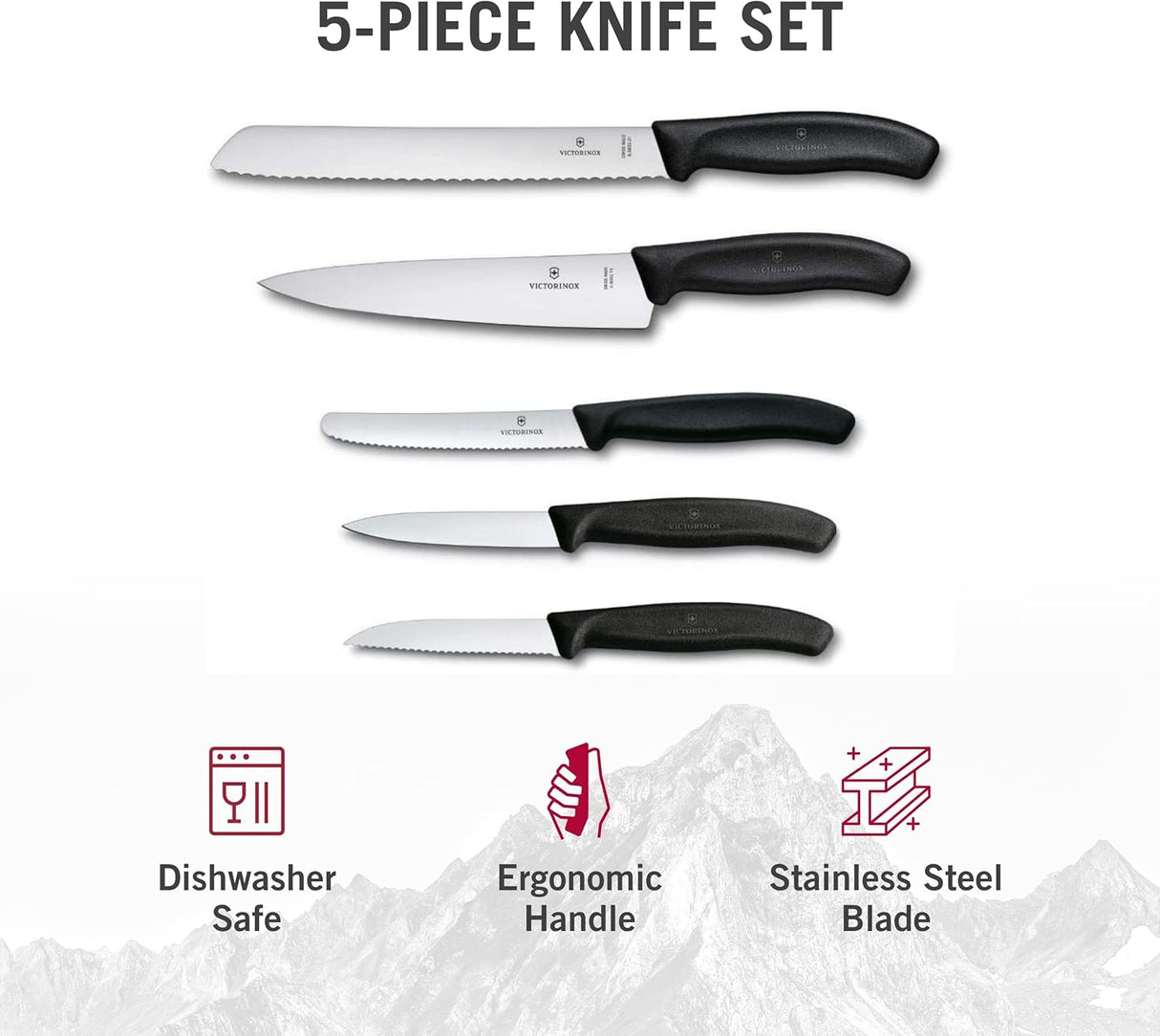 Victorinox Swiss Classic Kitchen Set - Includes Paring Knives, Carving Knife, Bread Knife & More - Premium Kitchen Accessories - Black Handles, 5-Piece Set