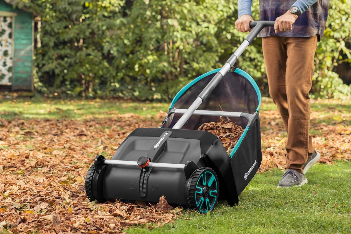 GARDENA (03565) Lawn and Leaf Collector, Durable and Easy to Manuever Push Lawn and Leaf Sweeper with Large Capacity 3.2 cu. ft. Mesh Collection Hopper Bag
